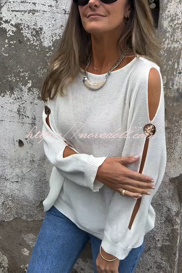 Solid Color Round Neck Hollow Long Sleeve Loose Knitted Sweater