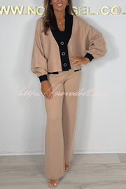 Fashion Contrast Color V-neck Loose Cardigan and Elastic Waist Casual Pants Set