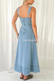 Solid Color Suspender Pocket Button Slim Denim Midi Dress