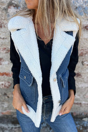 Autumn and Winter Motorcycle Faux Fur One-piece Denim Lapel Pocketed Vest Jacket