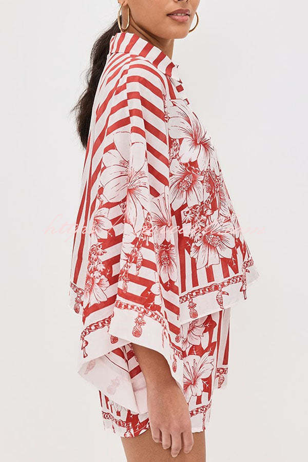 Like Paradise Floral Print Wide Sleeve Shirt and Elastic Waist Pocketed Shorts Set