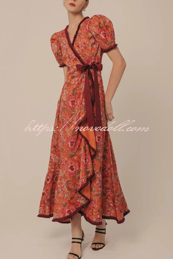 Bohemian Floral Print Elegant Puff Sleeve Holiday Maxi Dress