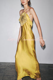 Fashionable Beaded Large Flower Decoration Halter Neck Backless Maxi Dress