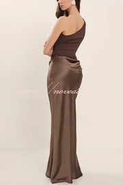Kaia Satin Contrast Fabric Patchwork One Shoulder Ruched Maxi Dress