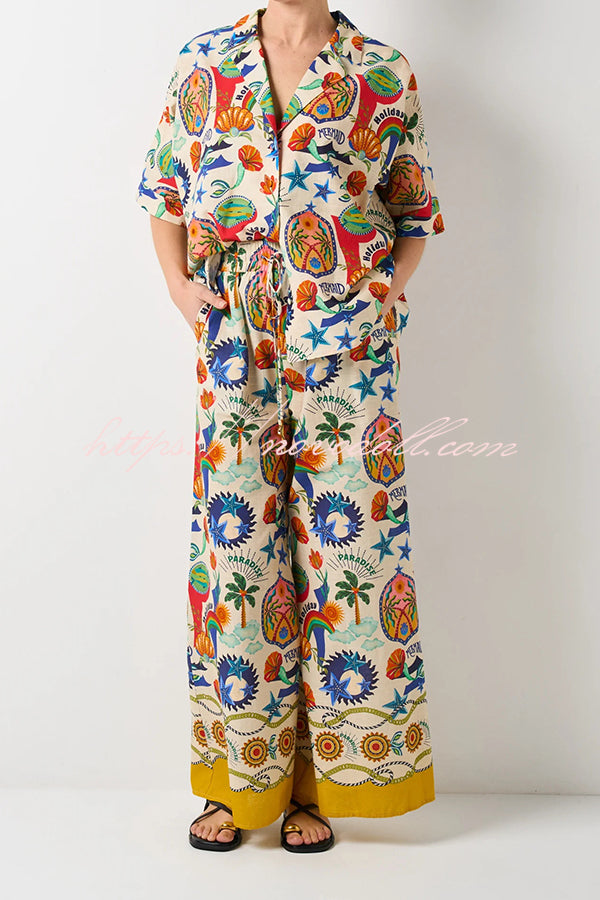 Linen Blend Unique Print Loose Short Sleeve Shirt and Elastic Waist Tie Pocket Pants Set