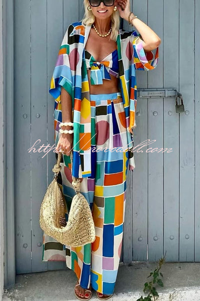 Summer Colors Printed Kimono + Knotted Tank + Elastic Waist Pocket Three-pieces Pants Set