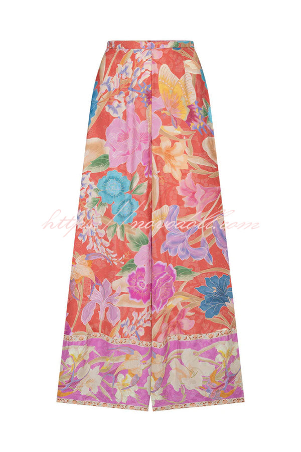 Painter's Garden Boho Floral Print  Elastic Waist Pocketed Wide Leg Pants