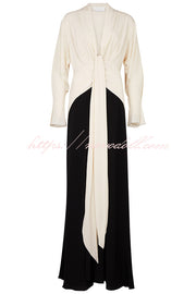 Fashion Contrast Color V-neck Tie High Waist Drape Maxi Dress