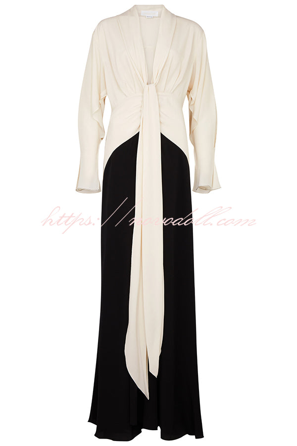 Fashion Contrast Color V-neck Tie High Waist Drape Maxi Dress