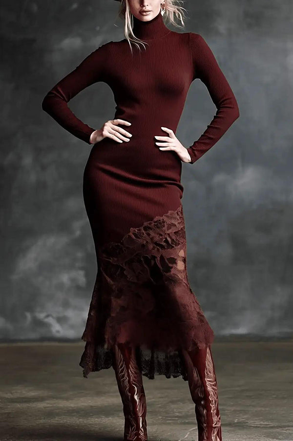 Elegant High-neck Long-sleeved Lace-hemmed Fitted Knit Midi Dress
