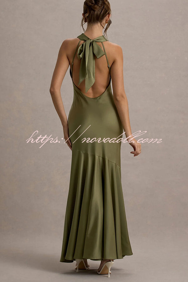 Timeless Sophistication Satin Cowl Detail Back Self-tie Halter Neck Maxi Dress