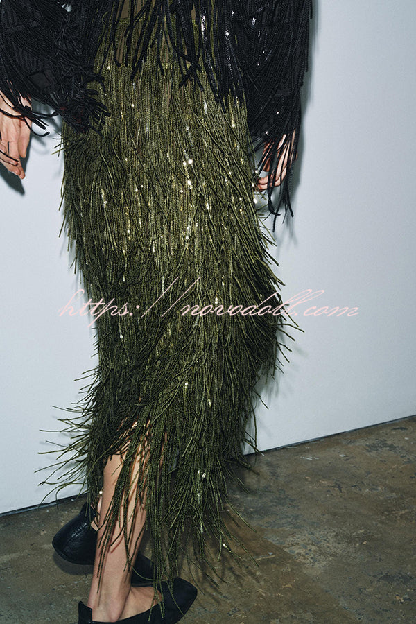 Stylish Sequined Tassel Elegant Midi Skirt