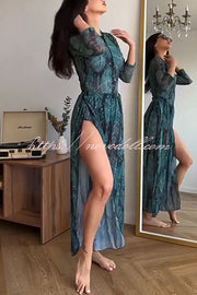 Unique Print One-piece Swimsuit and Cardigan and High Rise Pants Three-piece Set