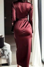 Solid Color Satin V-neck Long Sleeve Waist Tie Slim Midi Dress