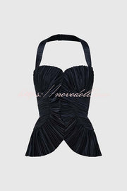 Show Exquisiteness Satin Pleated Heart-shaped Off Shoulder Halter Tank