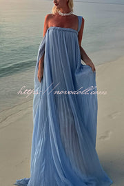 Fairy Spirit Tulle Braided Neckline Tie Arm Straps Pleated Maxi Dress