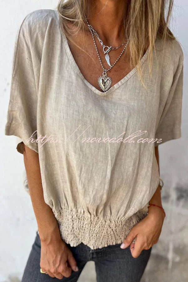 Linen Blend Solid Color V-neck Loose Pleated Casual Top