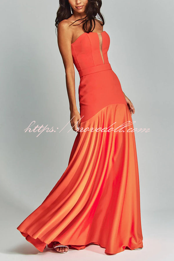Mermaid Style Off Shoulder Sheer V-neck Satin Hem Party Maxi Dress