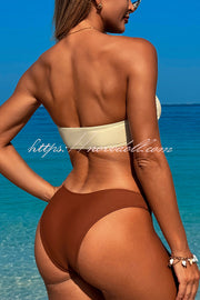 Solid Color Metal Button Decorated Stretch Two-piece Bikini Swimsuit