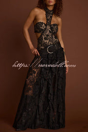 A Girls' Trip Lace High Neck Cutout Drop Waist Ruffles Maxi Dress