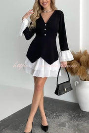 Fashionable Contrast Color Panel Long Sleeve Ruffled Mini Dress