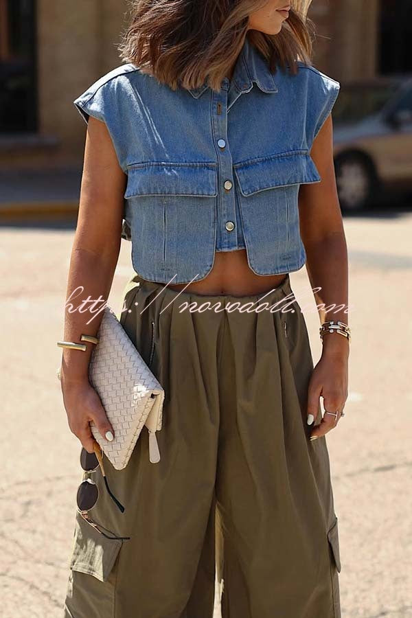 Stylish Weekend Denim Button Up Cape Sleeve Pocket Crop Top