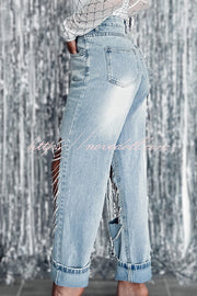 Casual Pocket Ripped Chain Embellished Straight Jeans