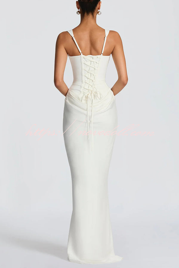 Larrah Square Neck Back Lace-up Satin Drape Hem Maxi Dress