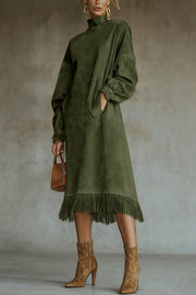 Solid Color Suede Loose Long-sleeved Casual Pocket Tassel Hem Midi Dress