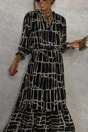 Unique Printed V-neck Tie-up Waist Long-sleeve Maxi Dress