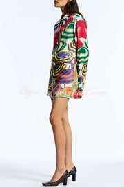 Elouise Satin Color Block Art Print Long Sleeve Button Back Elastic Waist H-line Mini Dress