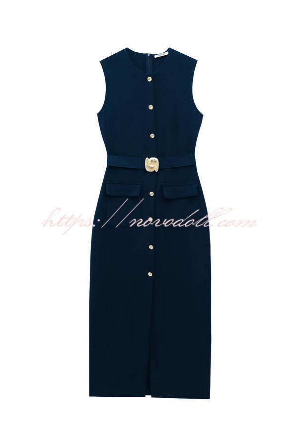Danina Button Up Sleeveless Metal Belted Pocket Stretch Midi Dress