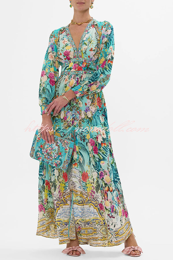 Fairy Tale Print V-Neck Lantern Sleeve Waist Maxi Dress