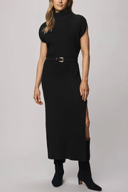 Solid Color Sleeveless Knitted Elegant Waist Midi Dress