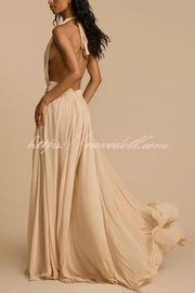 Ethereal Moment Tulle Cutout Ruched Waist Backless Halter Maxi Dress