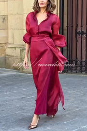 Lily Chiffon Bow Detail Puff Sleeve Blouse and Elegant Layered Maxi Skirt Set