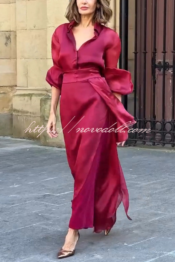 Lily Chiffon Bow Detail Puff Sleeve Blouse and Elegant Layered Maxi Skirt Set