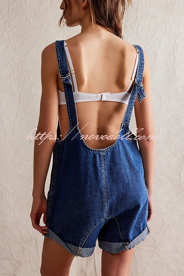 Stylish Loose Sleeveless Pocket Straps Adjustable Denim Rompers