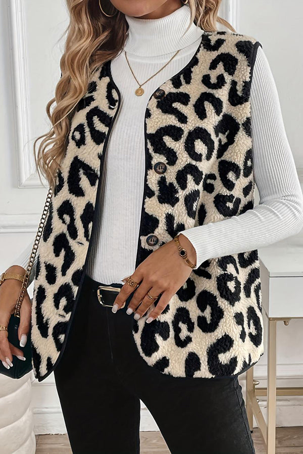 Leopard Print Sleeveless Button Plush Vest Jacket