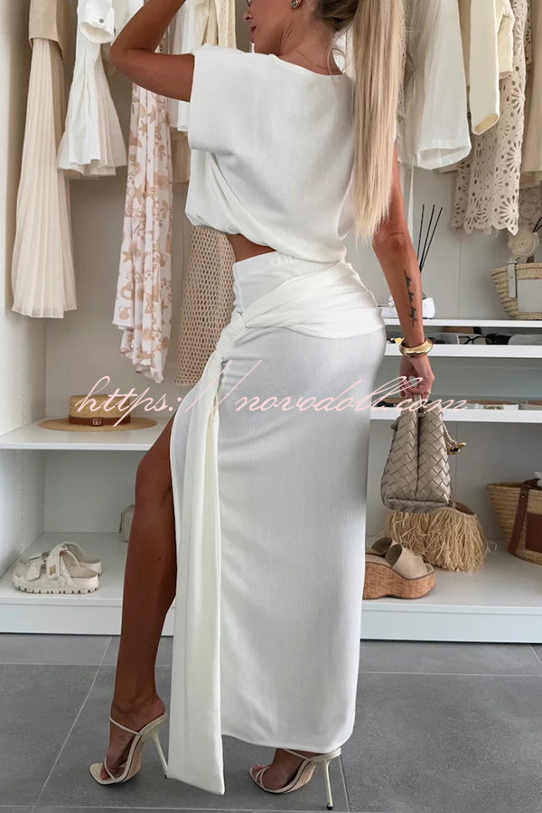 Comfortable Stylish Round Neck Sleeveless Casual Top and Elastic Waist Ruched Tie Slit Midi Skirt Set