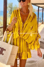 Lemon Flavor Tie Dye Ruffle Batwing Sleeve Elastic Waist Kaftan Mini Dress