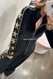 Star-print Velvet Patchwork Zipped Wide-leg Jumpsuit