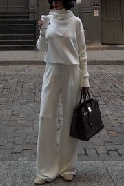 Morning Coffee Walks Ribbed Turtleneck Long Sleeve Sweatshirt and Elastic Waist Pocketed Loose Pants Set