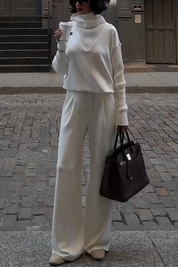 Morning Coffee Walks Ribbed Turtleneck Long Sleeve Sweatshirt and Elastic Waist Pocketed Loose Pants Set