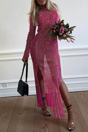 Sparkling Sequin Round Neck Slit See Through Long Sleeve Maxi Dress