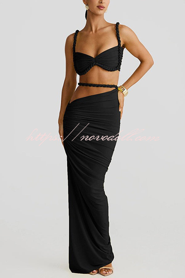 Sexy Halter Back Braided Suspender Top and Beach Holiday Style Hip-wrapped Maxi Skirt Set