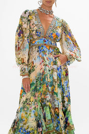 Fairy Tale Print V-Neck Lantern Sleeve Waist Maxi Dress