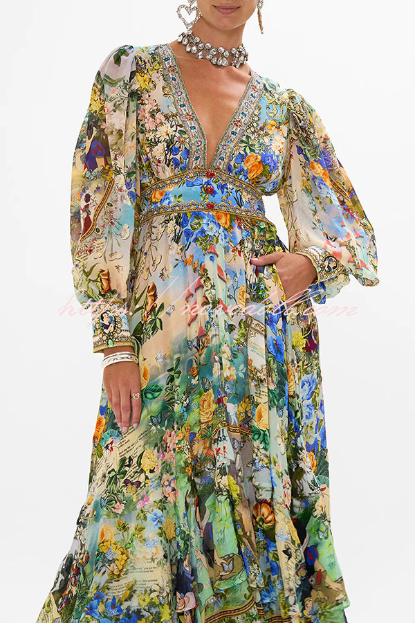 Fairy Tale Print V-Neck Lantern Sleeve Waist Maxi Dress