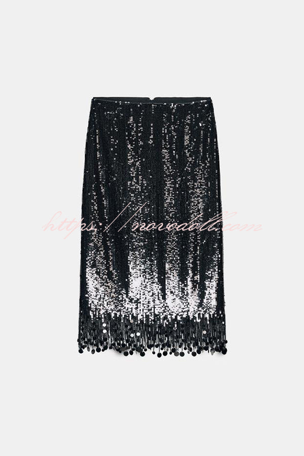 City Queen Sequin Tassel Round Pieces High Rise Back Zipper Midi Skirt