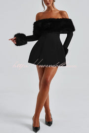 Cute and Luxe Faux Fur Trim Off Shoulder Bubble Shaped Mini Dress